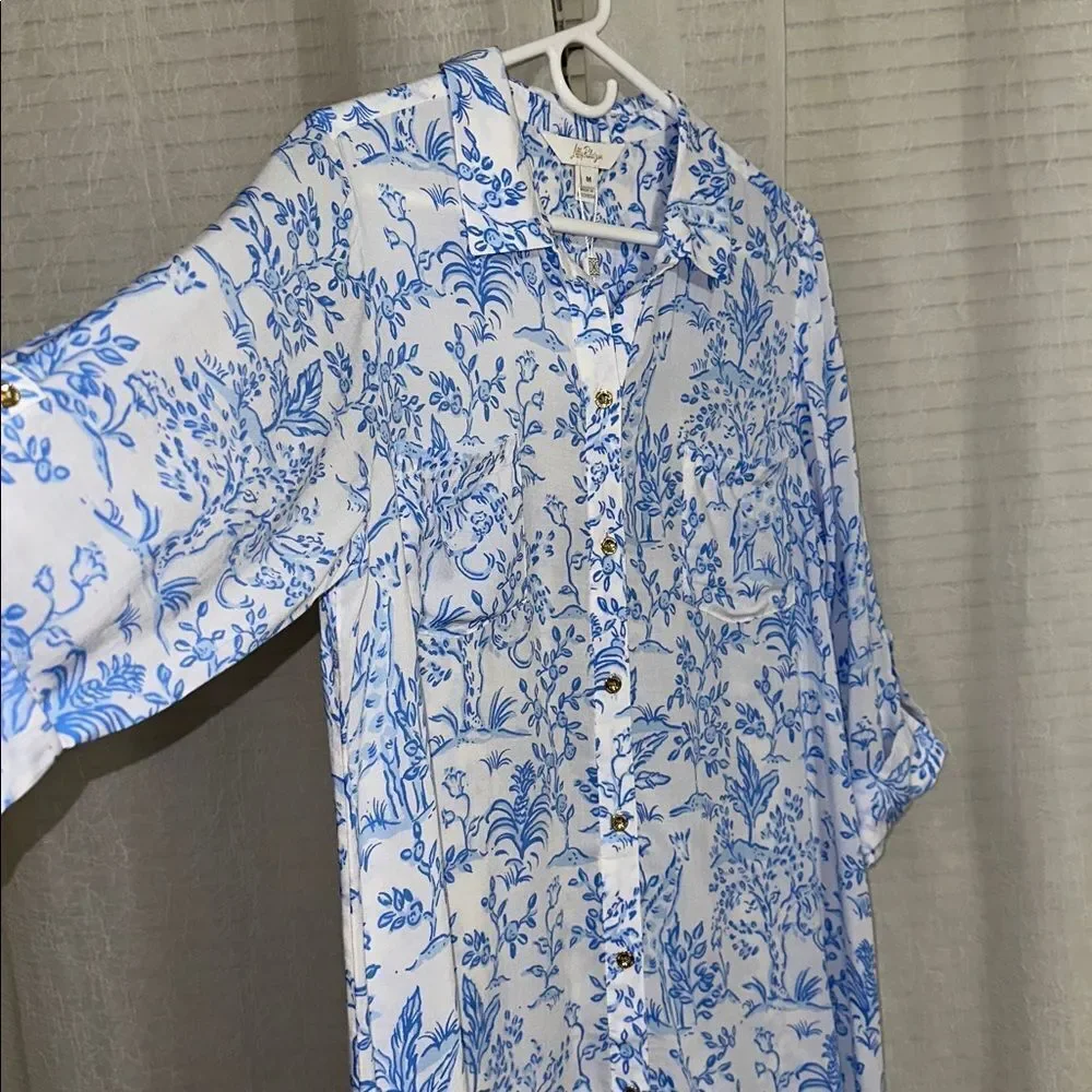 Lilly Pulitzer Natalie Resort White Blue Button Front Tab Sleeve Cover Up